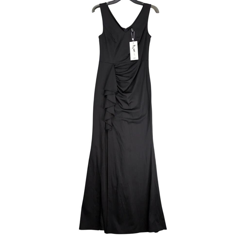 NWT Alisa Pan Black Satin Evening Maxi Dress Sz M Sleeveless Formal‎ 30" Slit